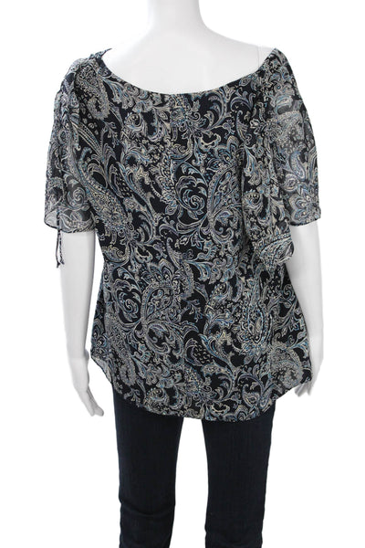 Dana Buchman Women Silk Paisley V Neck Tunic Short Sleeve Black Size 16