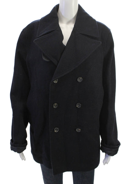 French Connection Mens Dark Blue Pea Coat Button Collared Long Sleeve Size 38
