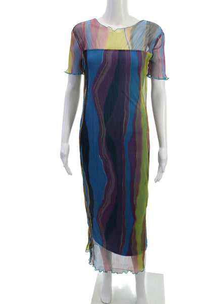 French Connection Women Maxi Striped Blue Round Neck Nylon Dress Size 6