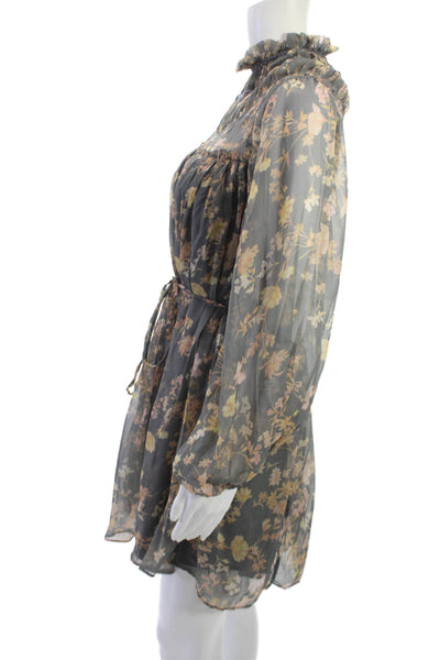 French Connection Women Blouson Mini Floral Dress Dark Gray High Neck Size XS