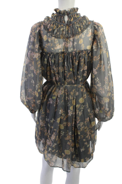 French Connection Women Blouson Mini Floral Dress Dark Gray High Neck Size XS