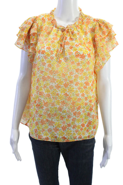 1. State Womens Orange Floral Sleeveless Drawstring Blouse Size L