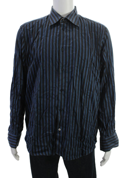 Robert Graham Mens Button-Up Black Striped Cotton Long Sleeve Collar Size L