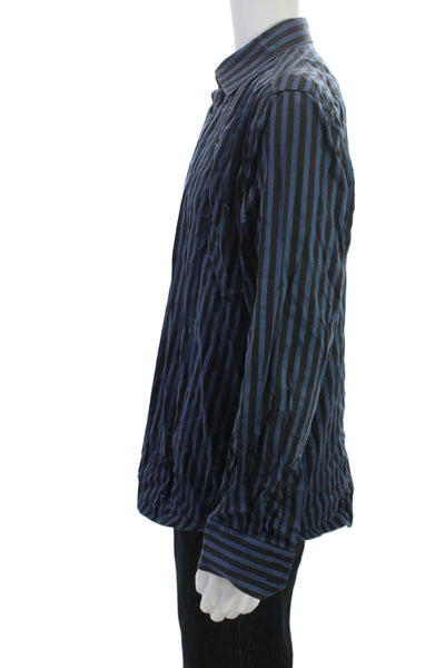 Robert Graham Mens Button-Up Black Striped Cotton Long Sleeve Collar Size L