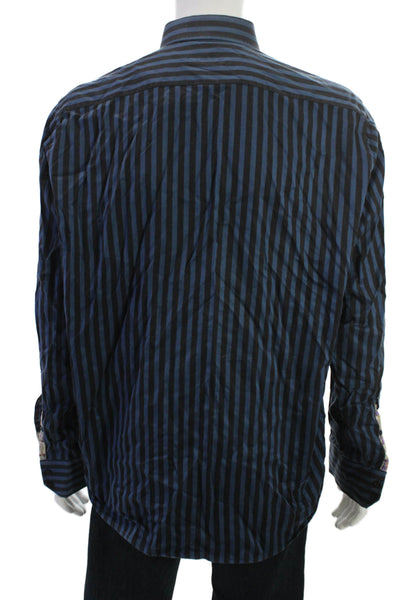 Robert Graham Mens Button-Up Black Striped Cotton Long Sleeve Collar Size L