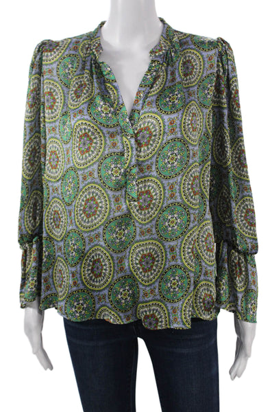 Zara Womens Green V-Neck Geometric Polyester Long Sleeve Boho Blouse Size M