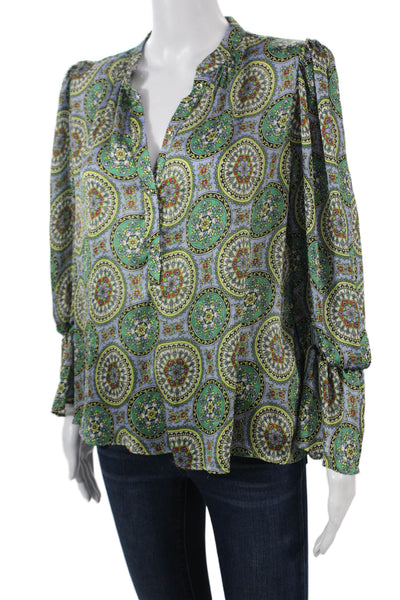 Zara Womens Green V-Neck Geometric Polyester Long Sleeve Boho Blouse Size M