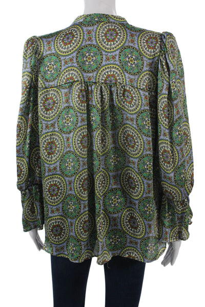 Zara Womens Green V-Neck Geometric Polyester Long Sleeve Boho Blouse Size M