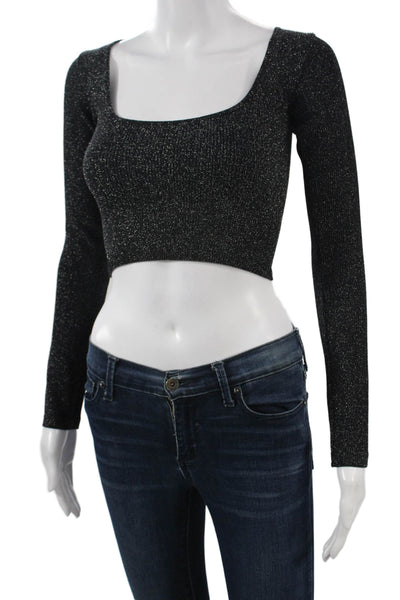 Zara Women Cropped Black Square Neck Button Long Sleeve Top Size XS