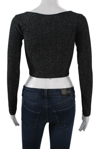 Zara Women Cropped Black Square Neck Button Long Sleeve Top Size XS
