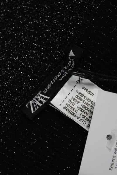 Zara Women Cropped Black Square Neck Button Long Sleeve Top Size XS