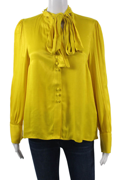 Zara Women High Neck Button Up Yellow Viscose Long Sleeve Blouse Size M