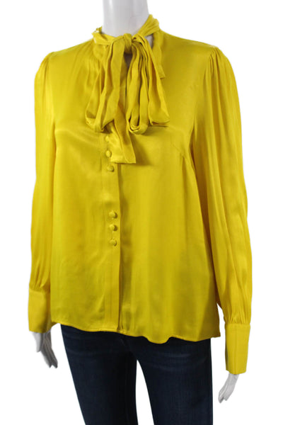 Zara Women High Neck Button Up Yellow Viscose Long Sleeve Blouse Size M