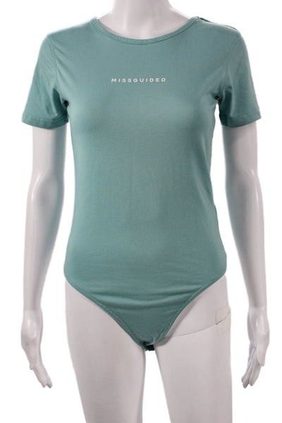 MISSGUIDED Womens Basic Green Short Sleeve Jumpsuit Crew Neck Snap Size 6