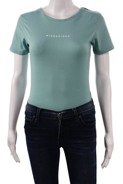 MISSGUIDED Womens Basic Green Short Sleeve Jumpsuit Crew Neck Snap Size 6