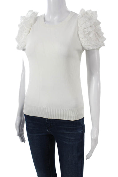 Zara Women White Crew Neck Short Sleeve Solid T-Shirt Designer Size M