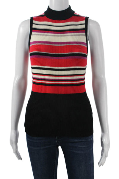 Elie Tahari Women Black Striped Merino Wool Mock Neck Sleeveless Tank Size XS