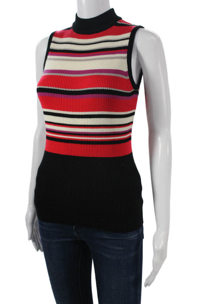 Elie Tahari Women Black Striped Merino Wool Mock Neck Sleeveless Tank Size XS