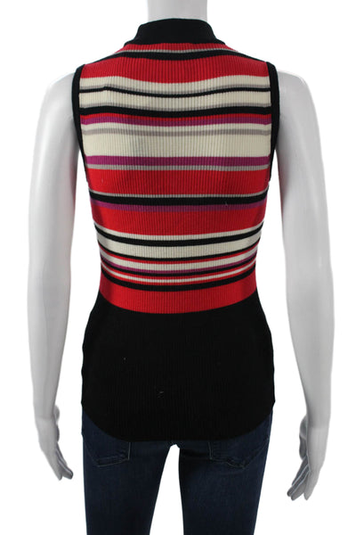Elie Tahari Women Black Striped Merino Wool Mock Neck Sleeveless Tank Size XS