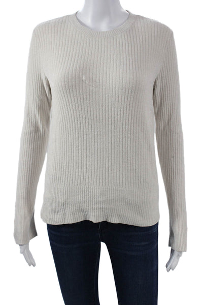 Barefoot Dreams Women Pullover Striped Crew Neck Button Beige Sweater Size S