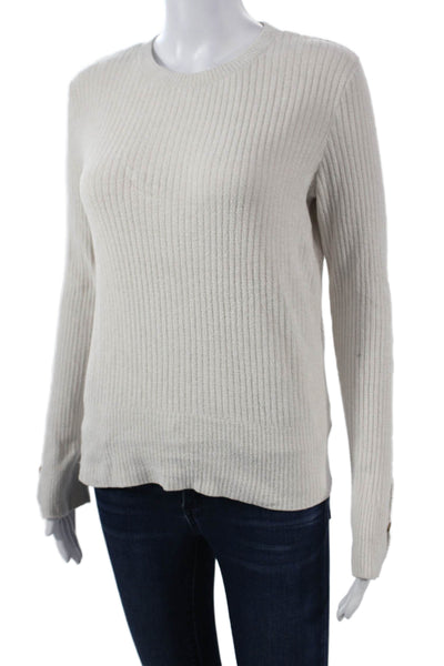 Barefoot Dreams Women Pullover Striped Crew Neck Button Beige Sweater Size S