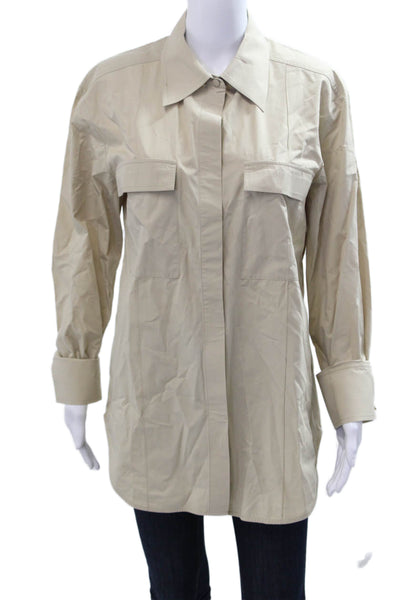 CO Womens Collared Button-Up Long Sleeve Beige Army Solid Shirt Size M
