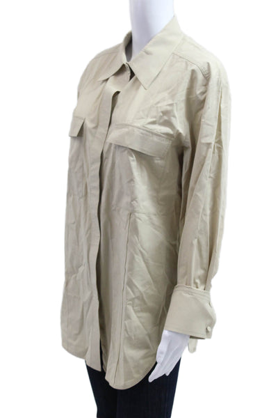 CO Womens Collared Button-Up Long Sleeve Beige Army Solid Shirt Size M
