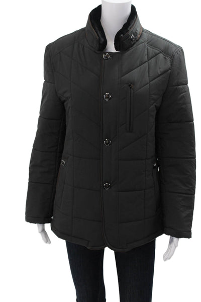 Designer Women Puffer Quilted Jacket Black High Neck Button Long Sleeve Size M