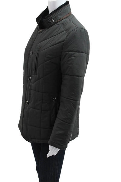 Designer Women Puffer Quilted Jacket Black High Neck Button Long Sleeve Size M