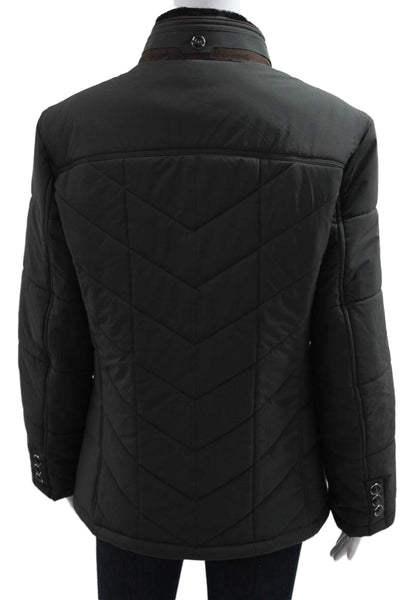 Designer Women Puffer Quilted Jacket Black High Neck Button Long Sleeve Size M