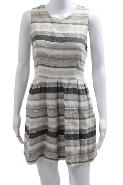 Joie Womens Fit & Flare Mini Dress Striped Beige Sleeveless Round Neck Size S
