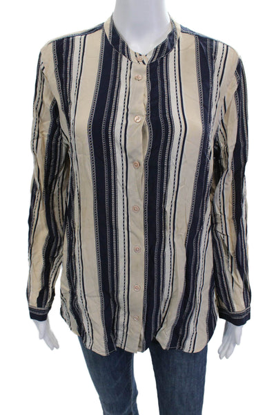 Equipment Femme Womens Silk Striped High Neck Buttonup Beige Longsleeve Size L