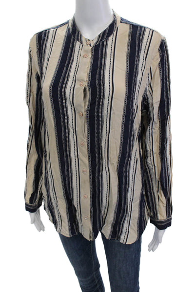 Equipment Femme Womens Silk Striped High Neck Buttonup Beige Longsleeve Size L