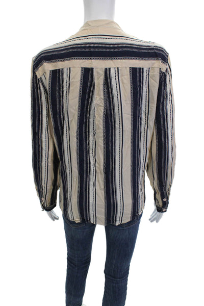 Equipment Femme Womens Silk Striped High Neck Buttonup Beige Longsleeve Size L