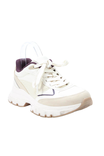 Zara Womens Leather Lace Up Chunky Bottom Sneakers Beige Burgundy Size 38 8