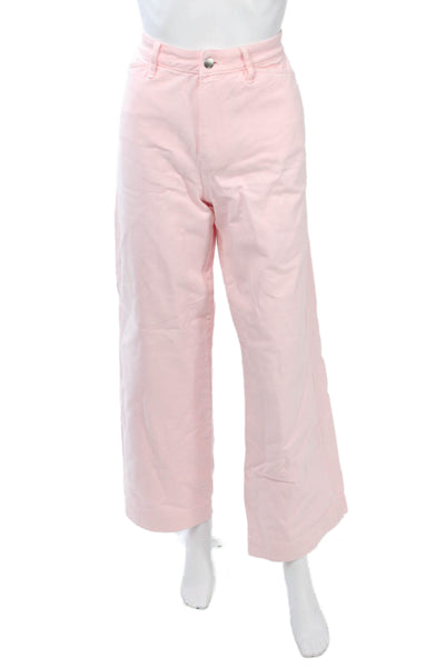 Zara Women Cropped Pink Pants Button Mid Rise 100% Cotton Size 6