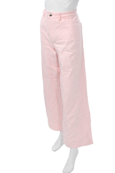 Zara Women Cropped Pink Pants Button Mid Rise 100% Cotton Size 6