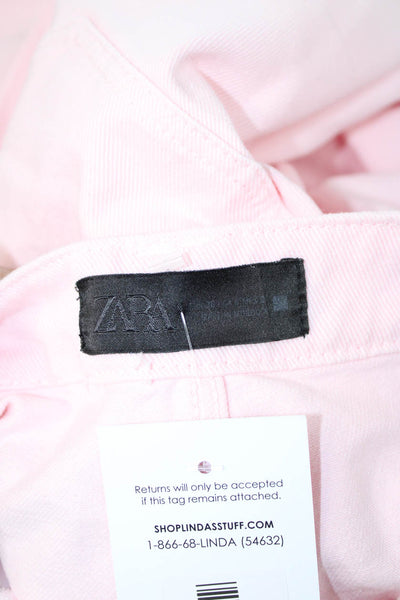 Zara Women Cropped Pink Pants Button Mid Rise 100% Cotton Size 6