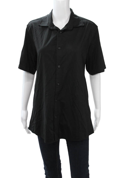 Zara Women Basic Black Collared Short Sleeve Button Up Top Size L