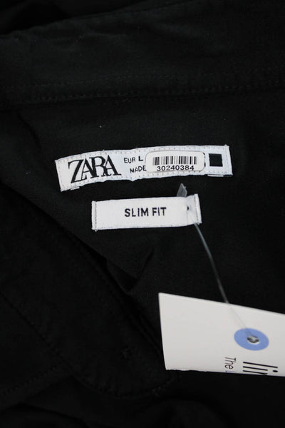 Zara Women Basic Black Collared Short Sleeve Button Up Top Size L