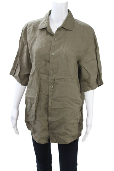 Zara Mens Short Sleeve Linen Button Up Shirt Green Point Collar Size L