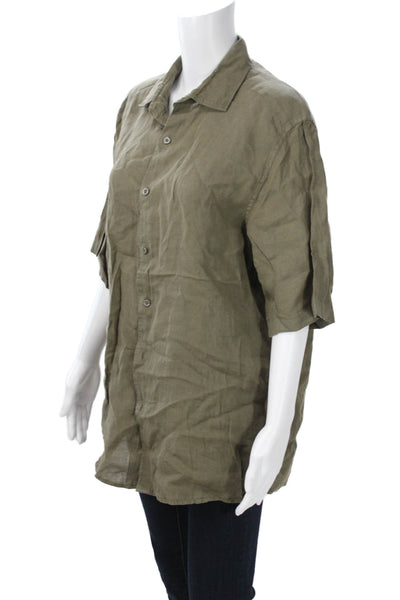 Zara Mens Short Sleeve Linen Button Up Shirt Green Point Collar Size L