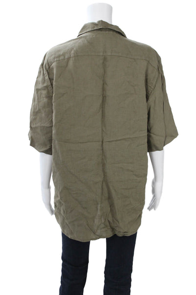 Zara Mens Short Sleeve Linen Button Up Shirt Green Point Collar Size L