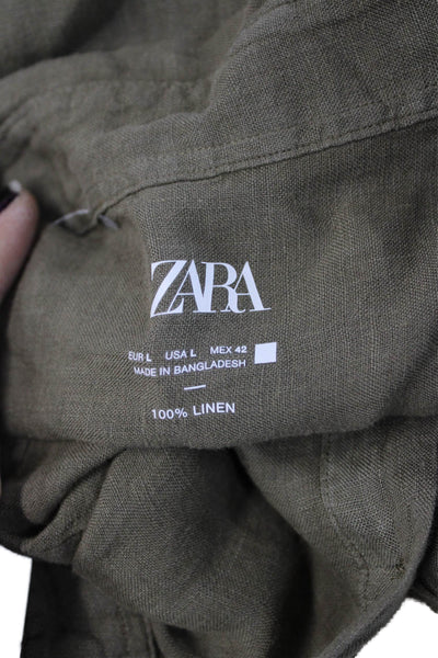 Zara Mens Short Sleeve Linen Button Up Shirt Green Point Collar Size L
