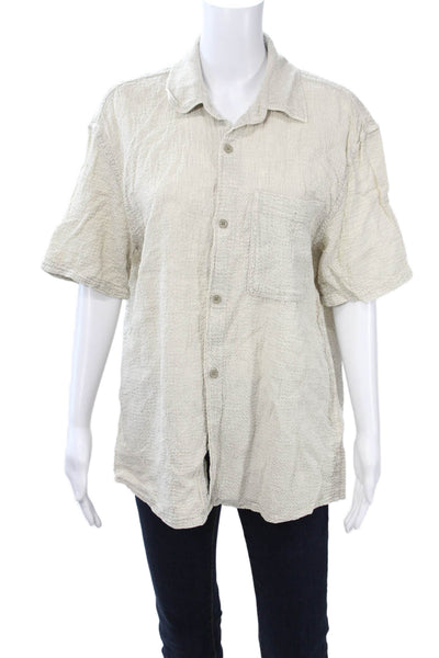 Zara Mens Point Collar Button Up Short Sleeve Beige Cotton Bohemian Size M