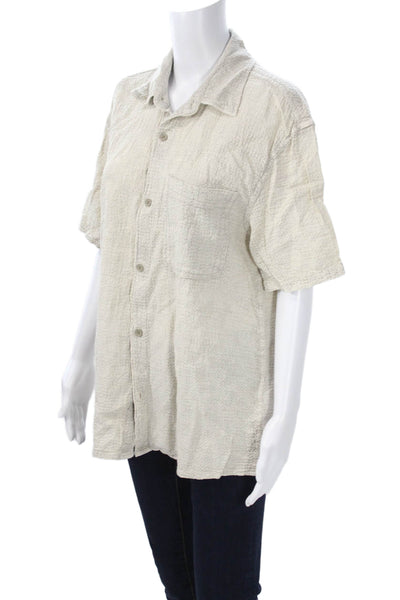 Zara Mens Point Collar Button Up Short Sleeve Beige Cotton Bohemian Size M
