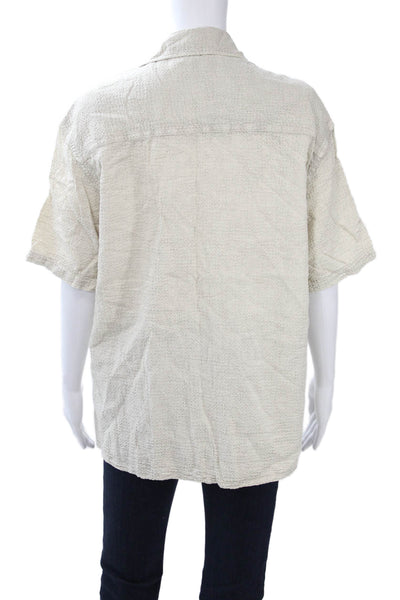 Zara Mens Point Collar Button Up Short Sleeve Beige Cotton Bohemian Size M