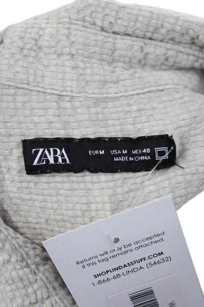 Zara Mens Point Collar Button Up Short Sleeve Beige Cotton Bohemian Size M