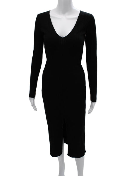 Zara Women Black Bodycon Sweater Dress V-Neck Long Sleeve Size S
