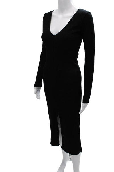 Zara Women Black Bodycon Sweater Dress V-Neck Long Sleeve Size S